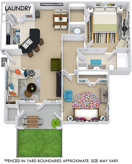 Floor plan for 2 beds, 1 bath, 952 sqft